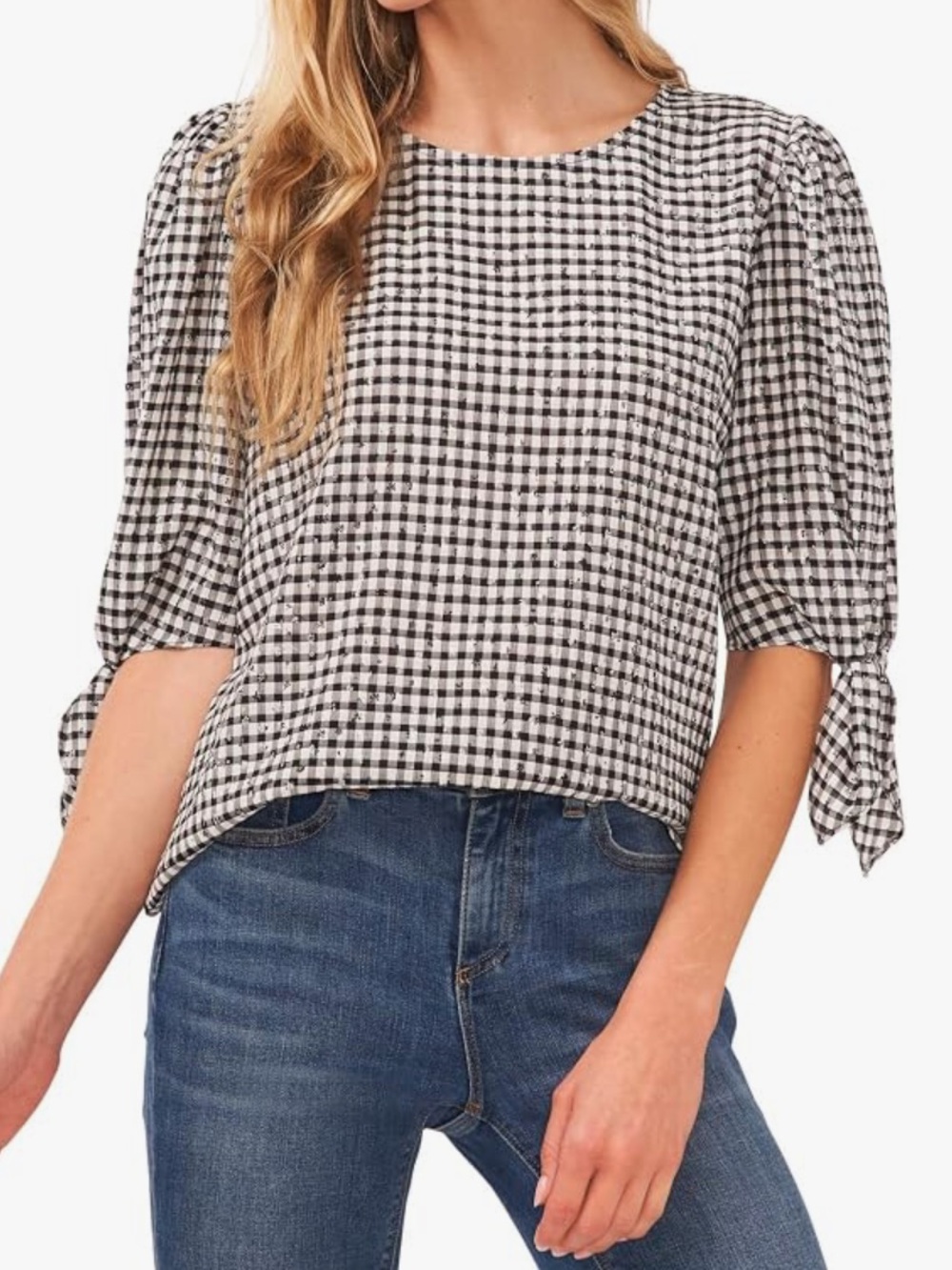 CeCe Tie Sleeve Gingham Blouse S